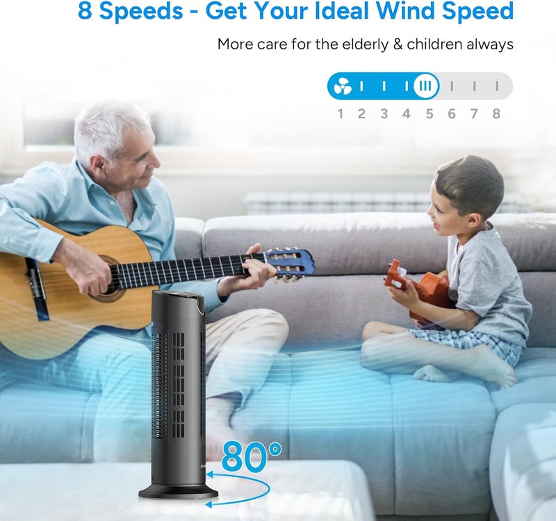 Dr. Prepare Tower Fan for Bedroom, 25 dB Quiet DC Bladeless Fan with Remote, 8 Speeds, 1-8H Timer, 80° Oscillating Fans for Indoors, 16 Inch Portable Desk Table Fans for Room, Home, Office - Image 5